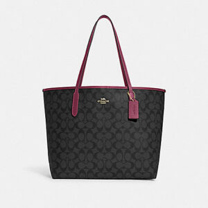 Coach City Tote In Signature Canvas Graphite/Black Cherry