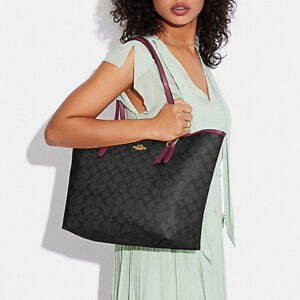 Coach City Tote In Signature Canvas Graphite/Black Cherry
