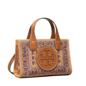 Tory Burch Ella Printed Mini Tote Brown Floral Daisy Border