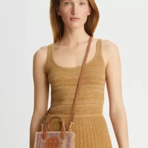 Tory Burch Ella Printed Mini Tote Brown Floral Daisy Border