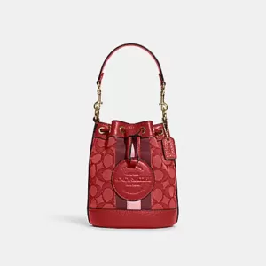 Coach Mini Dempsey Bucket Bag In Signature Jacquard With Stripe And Coach Patch Red Apple Multi