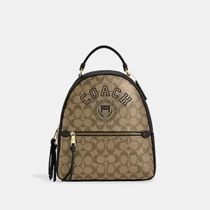 Coach Jordyn Backpack In Signature Canvas With Varsity Motif Khaki Amazon Green