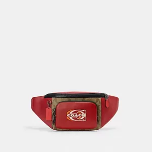 Coach Track Belt Bag In Colorblock Signature Canvas With Coach Stamp Red Khaki Multi