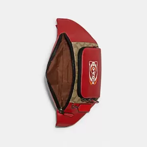 Coach Track Belt Bag In Colorblock Signature Canvas With Coach Stamp Red Khaki Multi