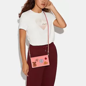 Coach Anna Foldover Clutch Crossbody With Creature Patches Candy Pink Multi