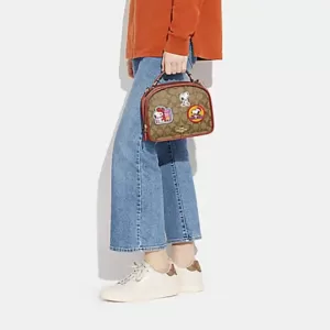 Coach X Peanuts Lunch Pail In Signature Canvas With Patches Khaki Redwood Multi