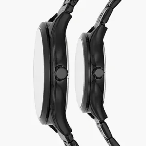 Fossil His and Her Wylie Three-Hand Black Stainless Steel Watch Box Set