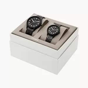 Fossil His and Her Wylie Three-Hand Black Stainless Steel Watch Box Set