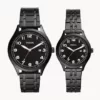 Fossil His and Her Wylie Three-Hand Black Stainless Steel Watch Box Set