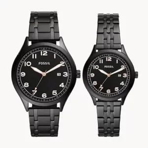 Fossil His and Her Wylie Three-Hand Black Stainless Steel Watch Box Set