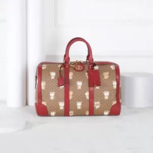 Gucci X Doraemon Gold Monogram Medium Duffle Canvas Brown Red