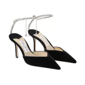 Jimmy Choo Saeda 85 Crystal Velvet Leather Ankle Strap Heels