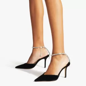 Jimmy Choo Saeda 85 Crystal Velvet Leather Ankle Strap Heels