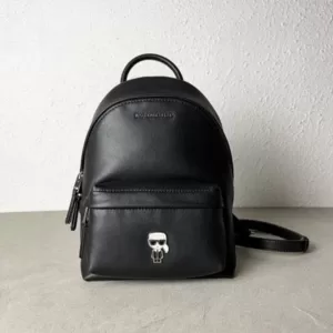 Karl Lagerfeld Ikonik Calfskin Leather Backpack Black with Metal Pin Charm