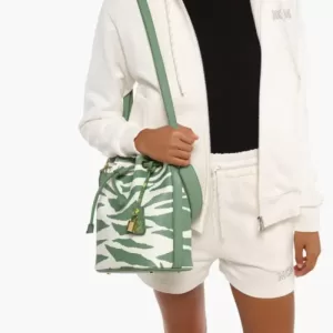 mcm Dessau Drawstring Bucket Bag Medium Meta Safari Leather White Green