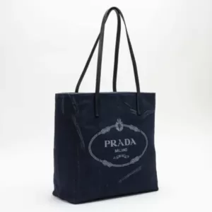 Prada Denim Medium Tote Bag Logo Print Blue Black