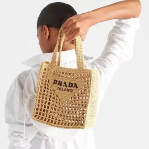 Prada Triangle Raffia Tote Natural