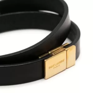 Saint Laurent Logo-Plaque Leather Bracelet Black Ghw