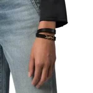 Saint Laurent Logo-Plaque Leather Bracelet Black Ghw