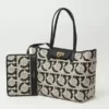 Salvatore Ferragamo Logo Jacquard Gancini Tote Bag Black Natural