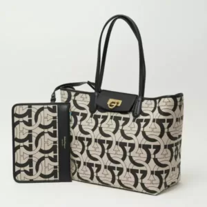 Salvatore Ferragamo Logo Jacquard Gancini Tote Bag Black Natural
