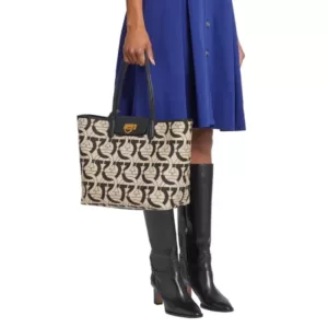 Salvatore Ferragamo Logo Jacquard Gancini Tote Bag Black Natural
