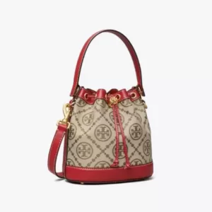 Tory Burch T Monogram Jacquard Bucket Bag Hazelnut Tory Red