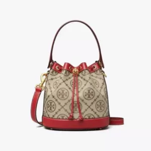 Tory Burch T Monogram Jacquard Bucket Bag Hazelnut Tory Red