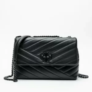 Tory Burch Kira Chevron Powder Coated Small Shoulder Bag Black Silver Ring