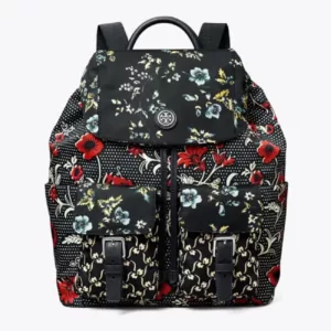 Tory Burch Virginia Mixed Print Flap Backpack Red Retro Block Lyonnaise Floral