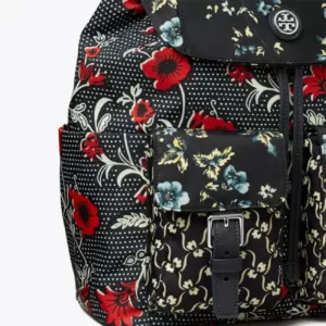 Tory Burch Virginia Mixed Print Flap Backpack Red Retro Block Lyonnaise Floral