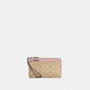 Coach Double Zip Wallet Light Khaki Powder Pink