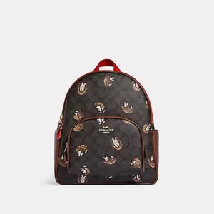 Coach Court Backpack In Signature Canvas With Hedgehog Print Brown Black Multi