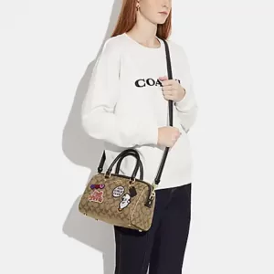 Coach Disney X Coach Rowan Satchel In Signature Canvas With Patches Khaki Multi
