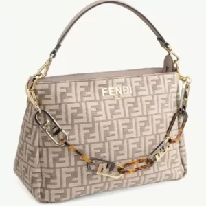 Fendi O'Lock FF Pattern Zip Shoulder Bag in Dove Grey/Beige Tapestry Fabric with Plexi Glass Chain