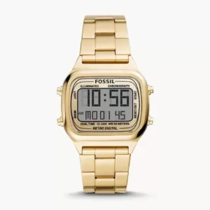 jam tangan pria Fossil Rye Retro Digital Gold-Tone Stainless Steel Watch