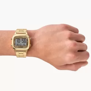 jam tangan pria Fossil Rye Retro Digital Gold-Tone Stainless Steel Watch