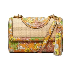 Tory Burch 76962 Fleming Printed Straw Small Convertible Shoulder Bag Natural Butternut