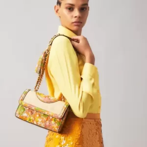 Tory Burch 76962 Fleming Printed Straw Small Convertible Shoulder Bag Natural Butternut