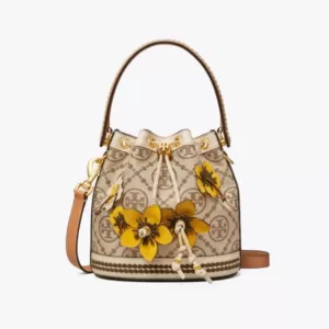tas bahu wanita Tory Burch T Monogram Braided Floral Bucket Bags Beige