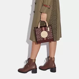 Coach Dempsey Tote 22 In Signature Jacquard With Stripe And Coach Patch Wine Multi