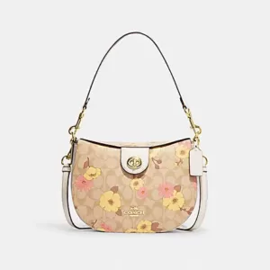 Coach Ella Hobo In Signature Canvas With Floral Cluster Print Light Khaki Multi