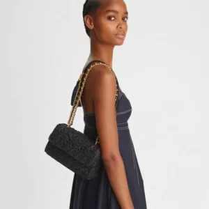 tas bahu wanita asli Tory Burch Fleming Raffia Small Convertible Shoulder Bag