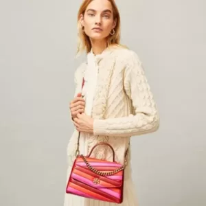 Tory Burch Kira Chevron Colorblock Top Handle Satchel In Red Apple