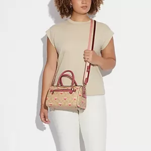 tas jinjing wanita Coach Rowan Satchel In Signature Canvas With Stripe Heart Print Light Khaki Multi