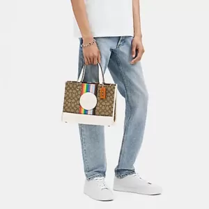 Coach Dempsey Carryall In Signature Jacquard With Rainbow Stripe And Coach Patch Chalk Multi