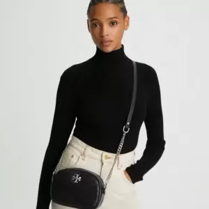 tas selempang wanita Tory Burch Small Kira Chevron Camera Bag Black Shw